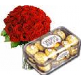 20 Red Roses Bunch With 16 Pcs Ferrero Rocher Box
